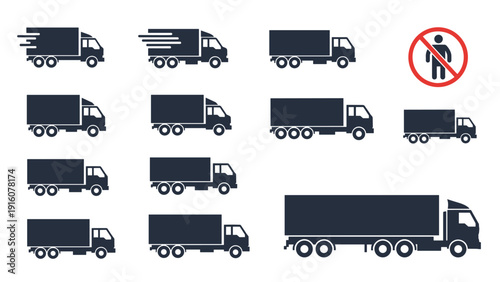 Diverse collection of truck silhouettes, including delivery and semi-trucks, along with a "no pedestrians" warning sign, for transportation logistics.