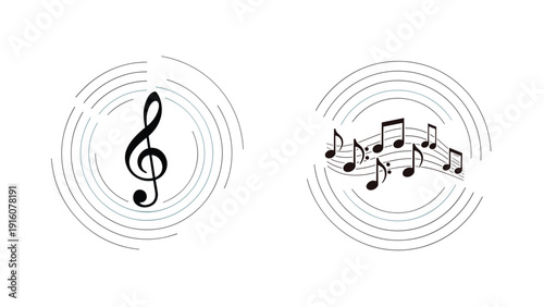 Artistic illustration of a treble clef and musical notes within radiating sound waves, symbolizing music, audio, and creativity.
