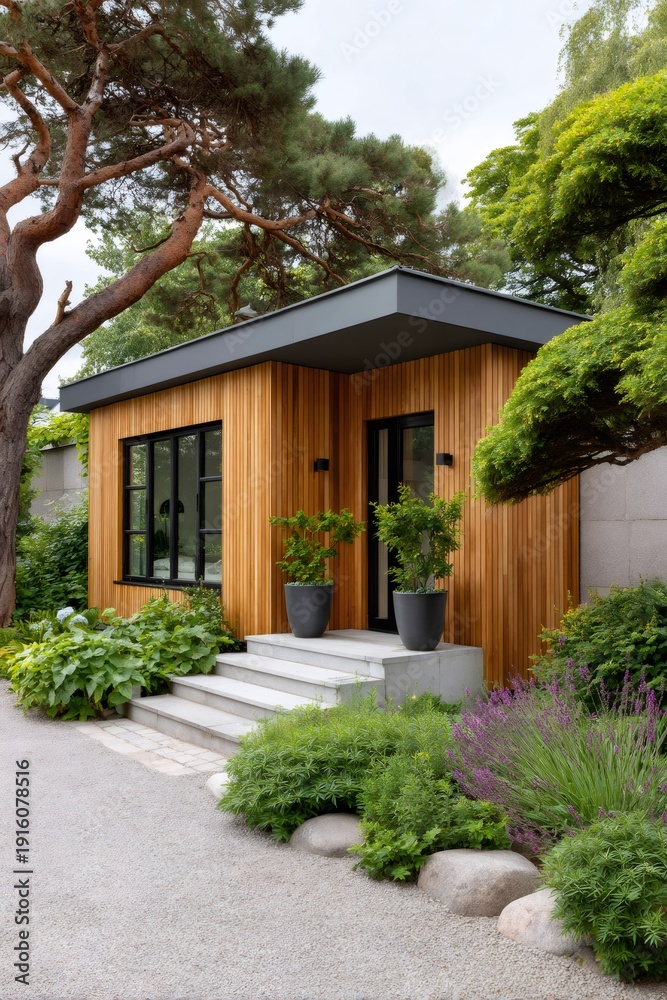 Fototapeta premium Modern garden room with wooden cladding and lush landscaping