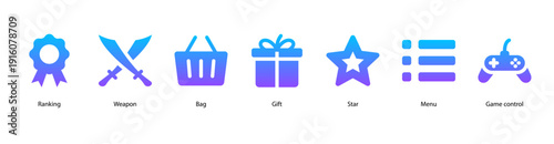 Game and Rewards web banner vector illustration featuring Ranking, Weapon, Bag, Gift, Star, Menu, and Game Control for online gaming and achievements.