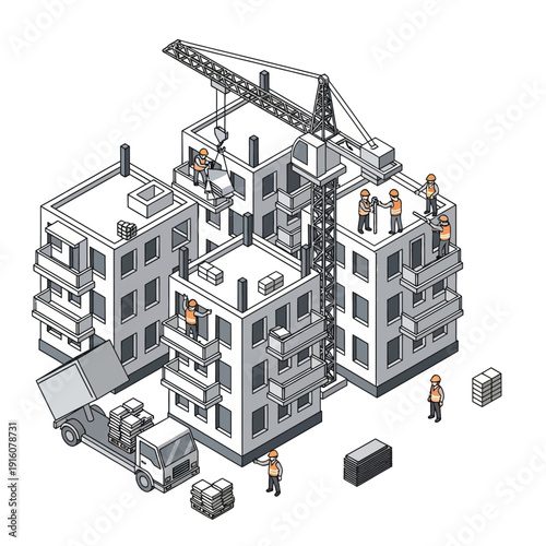 Isometric illustration of a construction site with workers and heavy machinery.