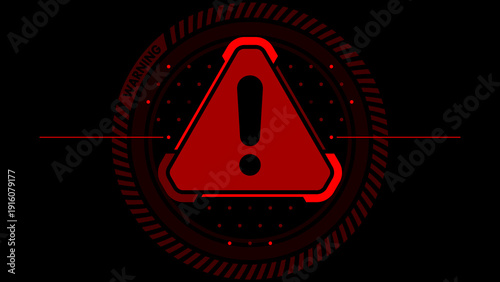 Red futuristic warning sign with exclamation mark in circle frame. Cyber security alert, error message, and high-tech interface HUD element for web and UI design. Vector illustration.