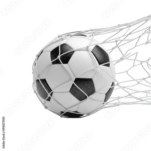 Soccer ball flying into goal net with transparent background