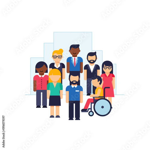 Diverse group of business professionals standing together for inclusion