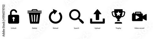 Digital Actions web banner vector illustration featuring Unlock, Delete, Reload, Search, Upload, Trophy, and Video Record for daily online functions.