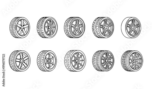 Title:
Car wheel silhouette vector set with auto tire and rim shapes in black isolated collection