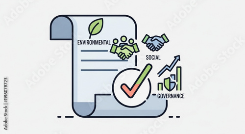 Sustainability report document with environmental social and governance elements featuring a checklist and handshake symbolizing partnership and approval