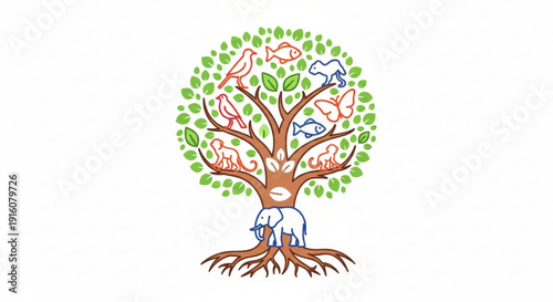 Tree with colorful birds and green leaves symbolizing nature and harmony with a white background