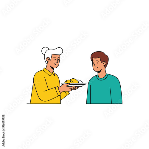 Chef serving food to a customer in a restaurant or cafe setting.