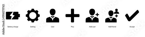 User Management web banner vector illustration featuring Battery Charge, Setting, User, Plus, Add User, Add Friend, and Accept for profiles and connections.