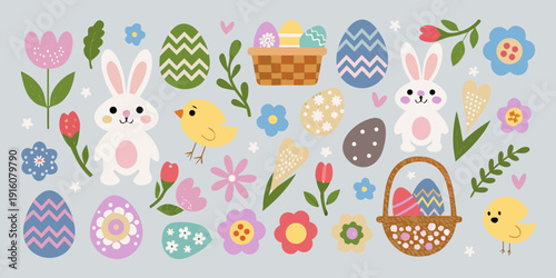 A colorful easter illustration featuring rabbits chicks eggs and flowers