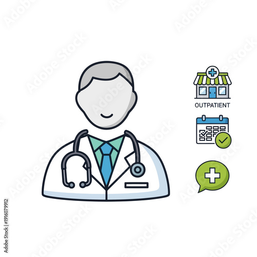 Doctor icon with outpatient, appointment and health service symbols