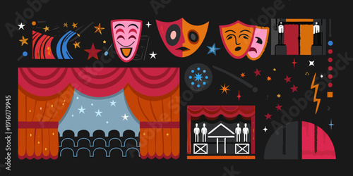 Colorful illustration depicting theatrical masks curtains and stage elements