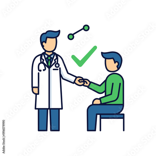 Doctor shaking patient's hand with checkmark in medical consultation