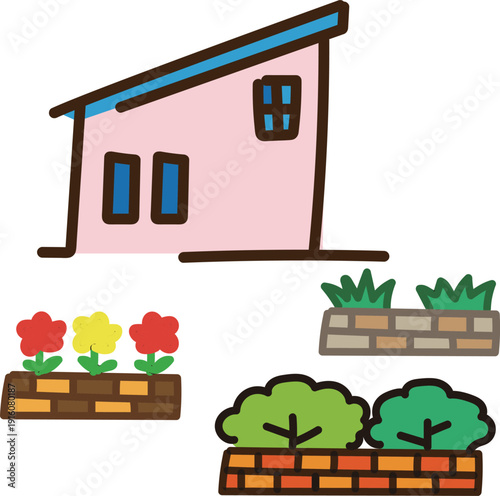 斜め屋根の家と花壇のゆるいイラスト