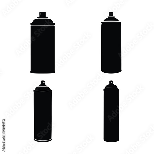 Collection of black silhouette spray paint cans showing various types and sizes