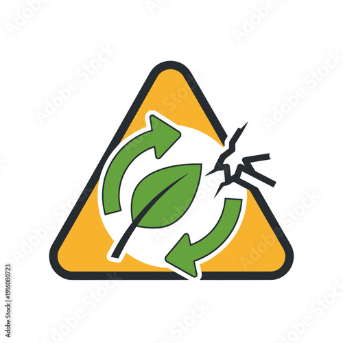 Environmental warning sign with cracked leaf and recycle arrows