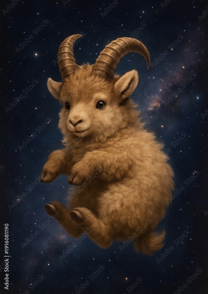 Fototapeta premium Cute fluffy goat floating space