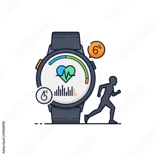 Fitness tracker smartwatch showing running activity and health metrics