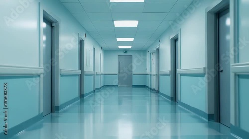 Wallpaper Mural Long, sterile hospital corridor with closed doors and bright overhead lighting, creating a clean waiting area representing modern healthcare and medical facilities Torontodigital.ca