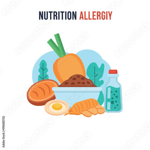 Food allergy concept with essential nutrition items flat illustration