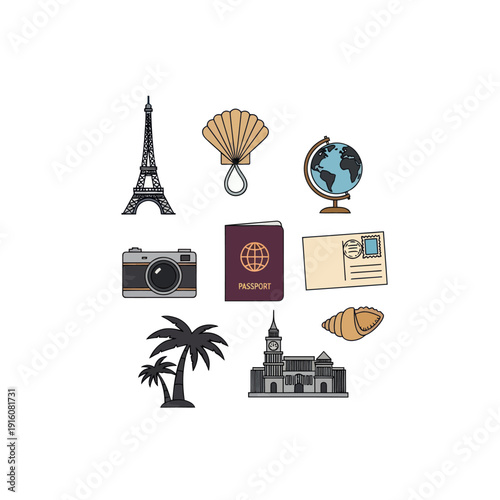 Flat design travel icons collection with global landmarks