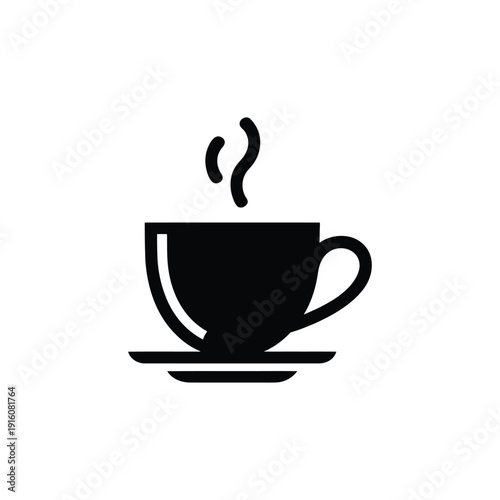 A simple black icon of a steaming cup of coffee on a saucer