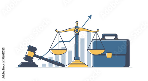 Gavel, scales of justice, briefcase, and chart for legal business