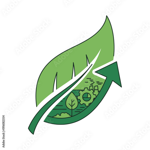Green economy growth with nature, technology, and industry icons