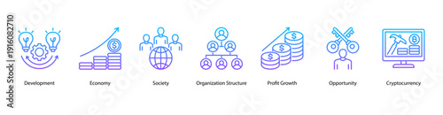 Economic Opportunity web banner  vector illustration featuring Development, Economy, Society, Organization Structure, Profit Growth, Opportunity, and Cryptocurrency.