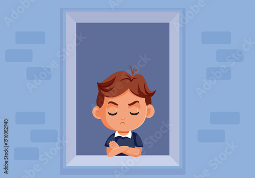 Angry Child Looks Out the Window Staying Indoors Vector Illustration. Sulking boy confined to the house because of his naughty behavior 
