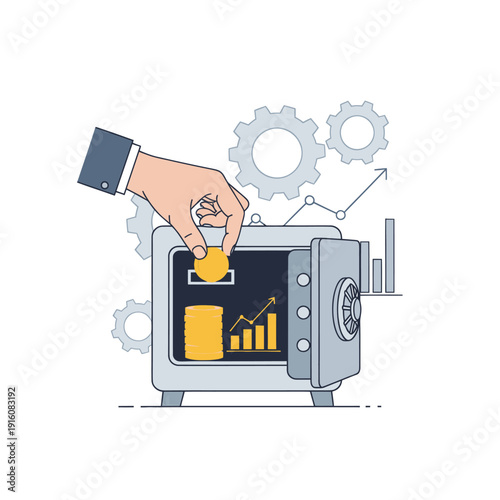 Hand putting coin into safe for financial security and growth