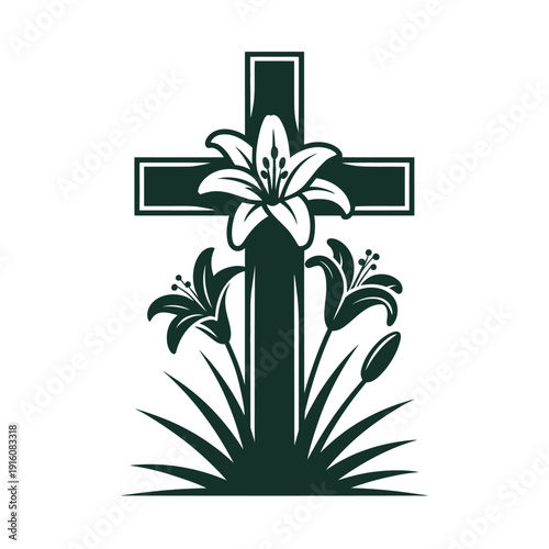 A symbolic cross with lilies on a white background representing faith and hope
