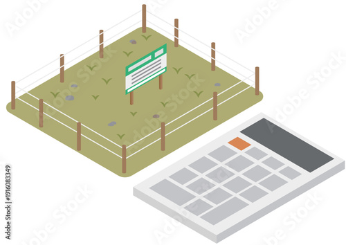 不動産売買と土地査定のイメージの更地の土地と電卓のアイソメトリックイラスト素材