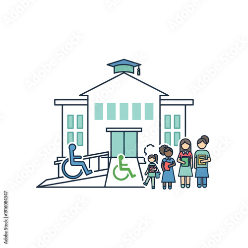 Inclusive school building with diverse students and accessibility ramp