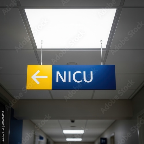Neonatal Intensive Care Unit Directional Sign Illuminated In Hospital Corridor Environment