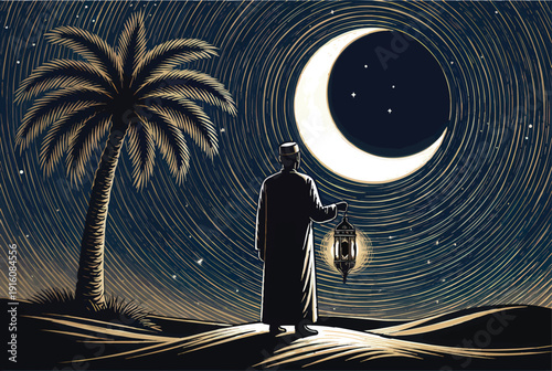 Man with lantern observing crescent moon at night.