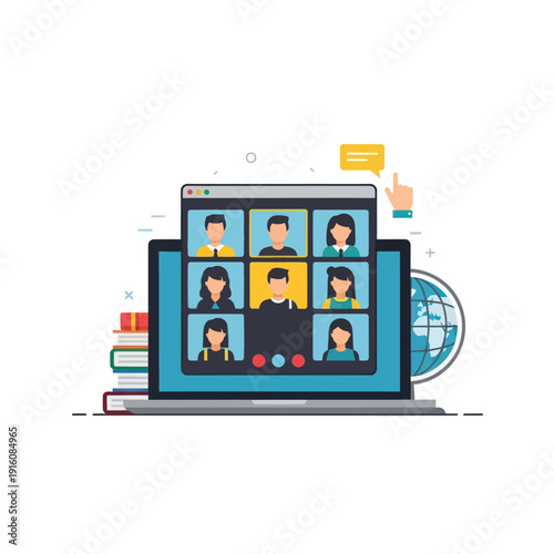 Laptop displaying online video conference with multiple participants