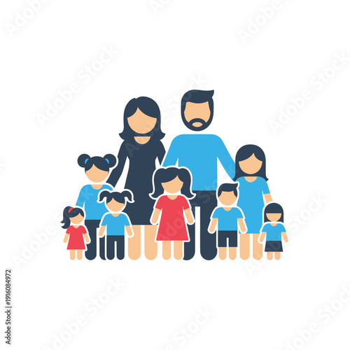 Large family flat design icon with parents and six children