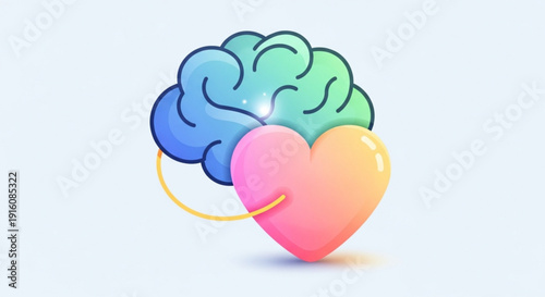 Colorful brain and heart connection symbolizing love and intelligence in a vibrant gradient style on a light background