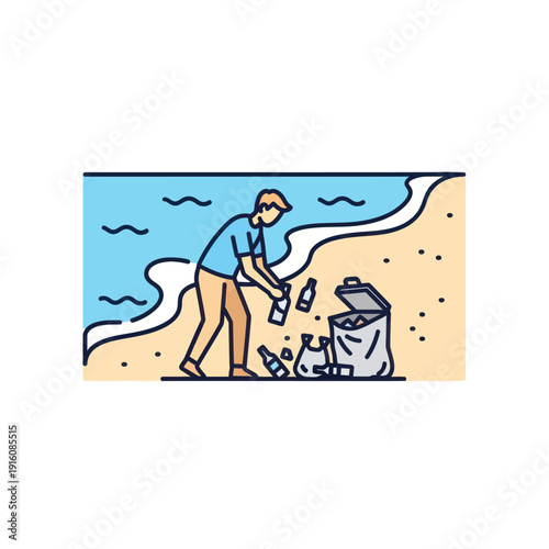 Man collecting trash and bottles from sandy beach shore