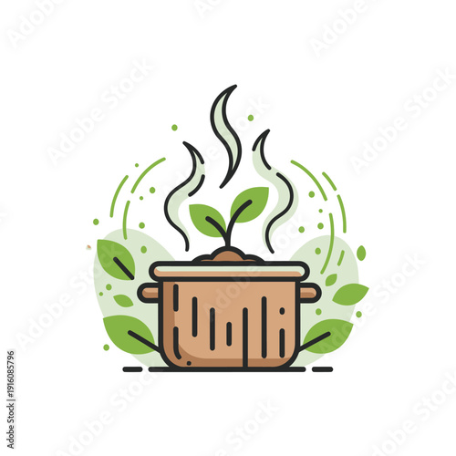 Minimalist cooking pot with green plant sprout and steam