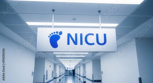 Nicu Sign Displaying Footprint Symbol In Modern Hospital Corridor View