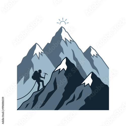 Mountain climber silhouette with ice axe ascending snowy peaks
