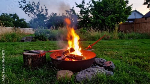 Wallpaper Mural Campfire in a backyard setting, surrounded by grass, trees, and a low fence Torontodigital.ca