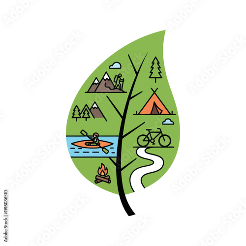 Nature outdoor adventure activities symbol in green leaf