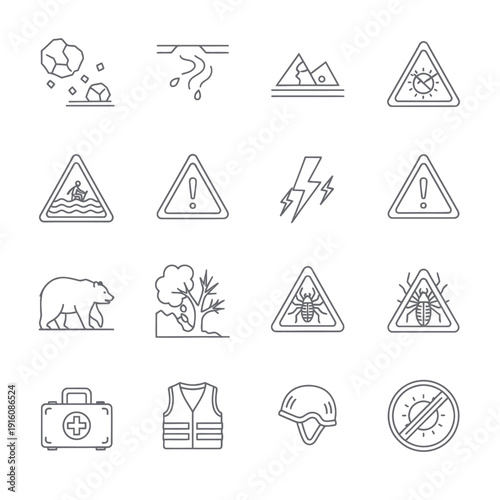Nature hazards, warnings, and safety equipment line icons set