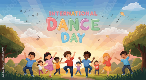 International Dance Day: A vibrant illustration for International Dance Day, a group of diverse children happily dancing in a park, celebrating movement and culture.