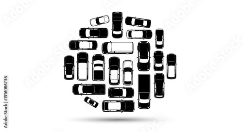 Circular arrangement of various vehicles seen from above.