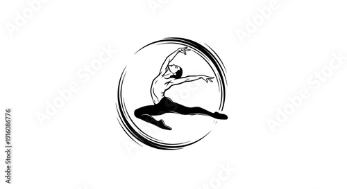 Dynamic abstract illustration of a graceful leaping figure, capturing fluid movement and artistic expression within a circular brushstroke frame, symbolizing freedom, energy, and athleticism